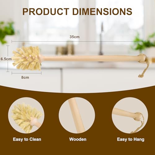 DEBETOOL 2-Pack Natural Wooden Bottle Brush with Sisal Bristles, Long Handle Bottle Brush Cleaner for Wide Mouth Jars, Water Bottles, Cups, Glasses, Baby Bottles (Non-Scratch)