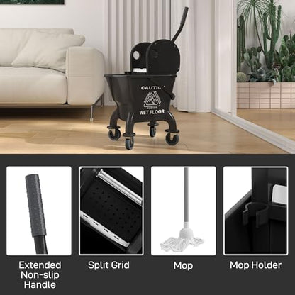 27.5qt Durable Mop Bucket Featuring Down Press Wringer on 360-Degree Swivel Bearings and Enhanced Adjustable Handle Black