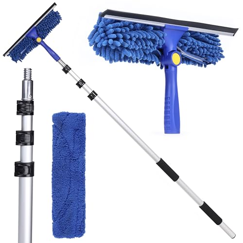 Kleen Handler 2-in-1 Window Squeegee with 4–12 ft Telescopic Extension Pole, Window Washing Kit for Home & Commercial Glass Doors, High Windows, 2 Sleeves Included