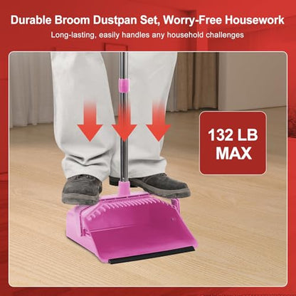 Tiumso Broom with Dustpan Combo Set, 51'' Broom and Dustpan Set, Brooms and Dust Pan with Handle, Brooms with Standing Dustpans, House Broom for Pets Hair and Floor Cleaning - Pink - color: Pink