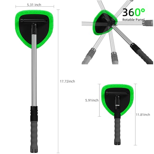 Windshield Cleaner Tool with Extendable Aluminum Handle (Up to 19.7"), Streak-Free Auto Glass Cleaning Kit with 4 Thick Microfiber Pads & Spray Bottle, Inside Window Defogger Accessories - color: Green