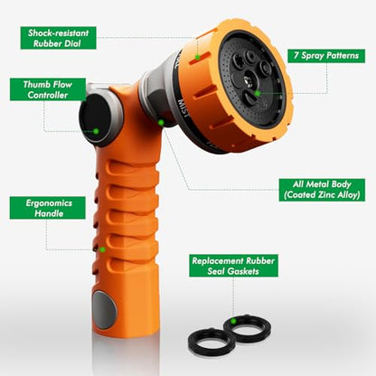 RESTMO Heavy Duty Hose Nozzle, Metal Garden Water Hose Sprayer with 7 Watering Patterns, Thumb Control, On Off Valve, High Pressure Nozzle Sprayer for Watering Plants, Car and Pet Washing, Orange - color: Orange