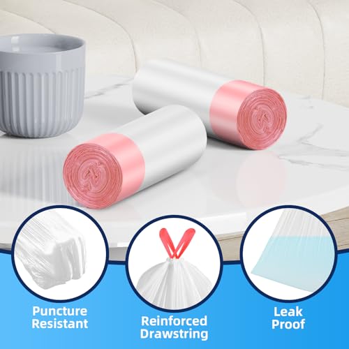 KUK 1.6 Gallon Drawstring Trash Bags - 60 Count White Small Garbage Bags, Unscented Strong Plastic Waste Basket Liners for Home/Office/Car, Fits 4.5-8 Liter Bins, 6 Rolls with Tear-Free Design - size: 1 Count (Pack of 60)