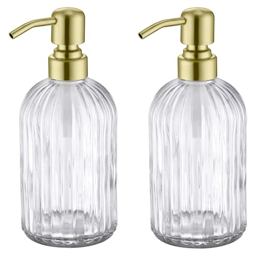 Gold Glass Soap Dispenser with Rust Proof Metal Pump, Vintage & Antique Design, 16oz Clear Glass Dish Soap Dispenser for Bathroom & Kitchen, 2 Packs - color: Brushed Gold + Clear, size: 2-Pack