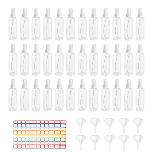 36 Pack Plastic Small Spray Bottles 4 oz/120 ml, Fine Mist Clear Empty Plastic Small Travel Spray Bottle, with 10 Funnels and 10 Labels - color: Clear