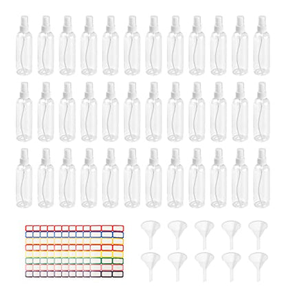 36 Pack Plastic Small Spray Bottles 4 oz/120 ml, Fine Mist Clear Empty Plastic Small Travel Spray Bottle, with 10 Funnels and 10 Labels - color: Clear