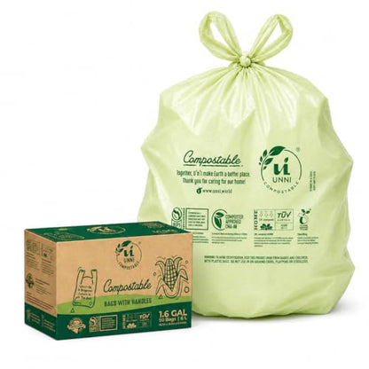 UNNI 1.6 Gallon Compostable Trash Bags with Tie Handles, 50 Count Small Food Scrap Kitchen Compost Bags for Countertop Bin, Certified by BPI, CMA & OK compost HOME, Meets ASTM D6400 - size: 50 Count (Pack of 1), style: 1.6 Gallon