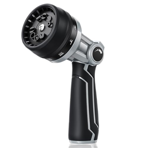 RAINPOINT Full-Metal Garden Hose Nozzle, Heavy Duty Water Hose Nozzle Sprayer With 10 Adjustable Patterns & High Flow,Thumb Control For Flow Adjustment, Ideal For Watering, Washing, Cleaning,Black - color: Black