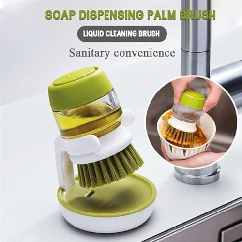 Soap Dispensing Dish Brush with Holder and Drip Tray, Kitchen Scrub Brush for Pans and Sinks, Refillable Dish Detergent Dispenser for Easy Cleaning (Green) - color: Green