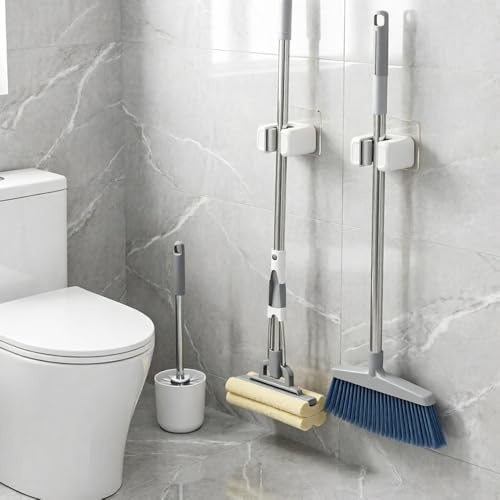 2Pcs Wall Mounted Mop and Broom Holder, No Drilling Self Adhesive Plastic Organizer, Durable White Storage Rack for Kitchen and Bathroom