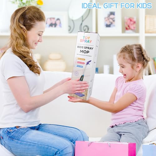 Kids Spray Mop, Real Working Toddler Cleaning Set with Water Sprayer & 2 Washable Mop Pads & Scraper, Pretend Play Montessori Housekeeping Toys Gifts for Toddlers Kids Girls Boys (Blue&Purple)