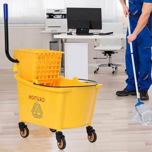 Mop Bucket, Commercial Bucket for Mopping on Wheels with Potable Handle, Mop Bucket with Wringer for Home, Household, Office, Bathroom, Yellow (34 Quarts) - size: 34 Quarts