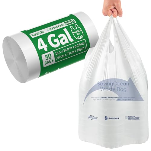 Small Trash Bags with Handles - Ocean Plastic Upcycling - Plastic Garbage Bags, Can Bin & Waste Basket Liner for Kitchen, Bathroom, Office and Pets,4 Gallon 50 Count White - color: 4Gal White, size: 1 ROLL