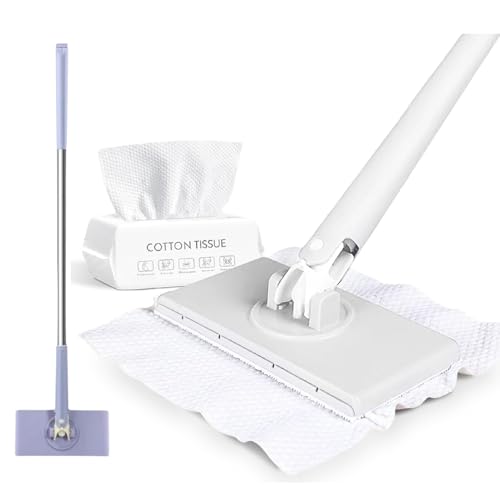 Hands Free Multi Purpose Flat Mop - Lazy Cleaning & Face Towel, Snap Grip MiniMop, Long Handle Dry Wet Use Lazy DustMop for Hardwood & Tile Floor Cleaning (White) - color: White