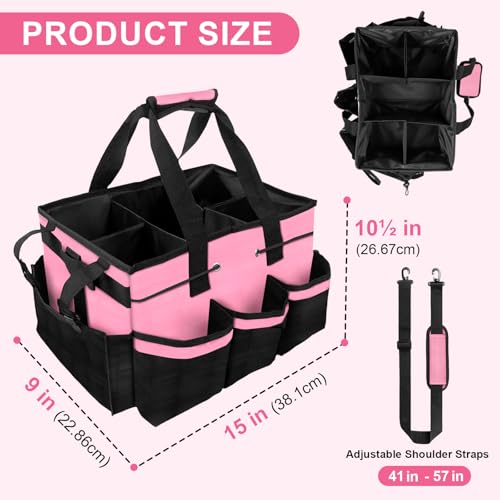 Large Cleaning Caddy Bag – Cleaning Supply Organizer Bag with Handle & Adjustable Shoulder Strap for Housekeepers, Professional Home, Apartment & Office Cleaning, Soft Portable Tote (Pink)