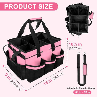 Large Cleaning Caddy Bag – Cleaning Supply Organizer Bag with Handle & Adjustable Shoulder Strap for Housekeepers, Professional Home, Apartment & Office Cleaning, Soft Portable Tote (Pink)