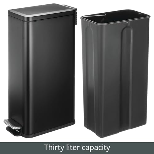 mDesign Slim Metal Rectangle 7.9 Gallon Trash Can with Step Pedal, Easy-Close Lid, Removable Liner - Narrow Wastebasket Garbage Container Bin for Bathroom, Bedroom, Kitchen, Office - Black - color: Black, size: 7.9 Gallon