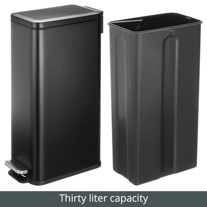 mDesign Slim Metal Rectangle 7.9 Gallon Trash Can with Step Pedal, Easy-Close Lid, Removable Liner - Narrow Wastebasket Garbage Container Bin for Bathroom, Bedroom, Kitchen, Office - Black - color: Black, size: 7.9 Gallon