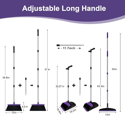 Broom with Dustpan Combo Set and Silicone Air Broom Kit, 51" Long Handle Floor Squeegee, Purple Household Kit for Glass Window Rugs Pet Hair Home - color: Purple