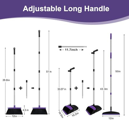 Broom with Dustpan Combo Set and Silicone Air Broom Kit, 51" Long Handle Floor Squeegee, Purple Household Kit for Glass Window Rugs Pet Hair Home - color: Purple