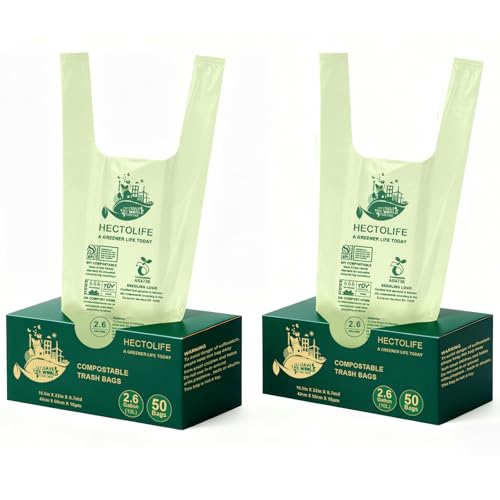HECTOLIFE 2.6 Gallon 100 Count,Compostable Bags Handle Tie,Tear Resistant Kitchen Food Scrap Waste Bag, ASTM D6400, US BPI and Europe OK Compost Home Certified - style: 2.6 Gal (100 Count)