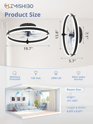 ZMISHIBO Ceiling Fans with Lights and Remote, 19.7'' Low Profile Ceiling Fan, 3000-6000K Dimmable Modern Flush Mount LED Fan Light, 6 Wind Speeds, Black Fandelier Ceiling Fans for Bedroom - color: Black, size: 19.7 INCH