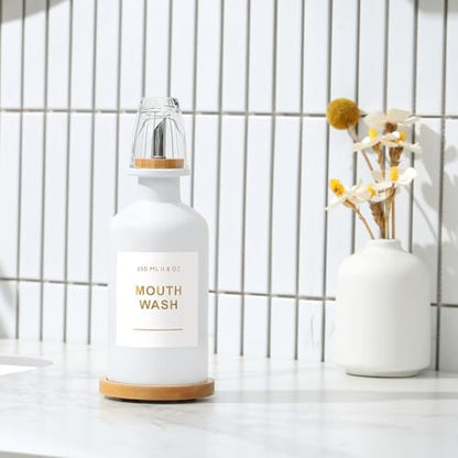 11.8OZ Mouthwash Dispenser for Bathroom with Bamboo & Stainless Steel Pour Spout, Mouthwash Cup Reusable, Bamboo Tray, and Elegant Gold Label. （White - color: White/350*1