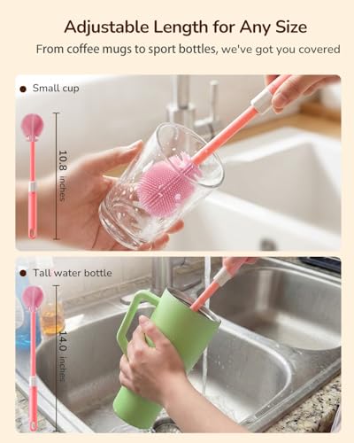 Extendable Bottle Brush with Straw Cleaner Brush, 10.8 to 14 Inches Adjustable Long Handle Water Bottle Scrubber for Cleaning Glasses, Cups, Coffee Mugs, tumblers with Replacement Head, Pink - color: Pink
