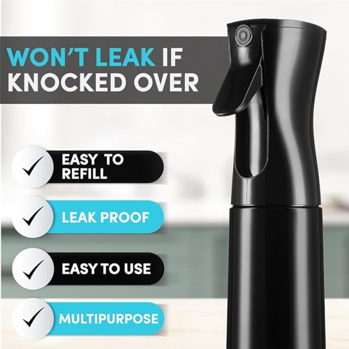 Continuous Spray Bottle for Hair – 2 Seconds of Ultra Fine Mist – Refillable Plastic Water Sprayer for Hair Styling, Cleaning, Plants, Salon, Essential Oil Scents, and More – Black, 200ml