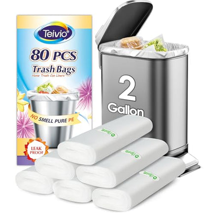 2 Gallon 80 Counts Strong Trash Bags Garbage Bags by Teivio, Bathroom Trash Can Bin Liners, Small Plastic Bags for home office kitchen, Clear - size: 80 Count (Pack of 1)