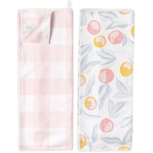 ELYN Microfiber Kitchen Dish Towel Set, Quick-Dry & Absorbent Waffle Weave Cleaning Towels, Set of 2 Kitchen Towels, Paper Towels Alternative (Oranges & Gingham) - color: Oranges & Gingham, style: Dish Towel - 2 Pack