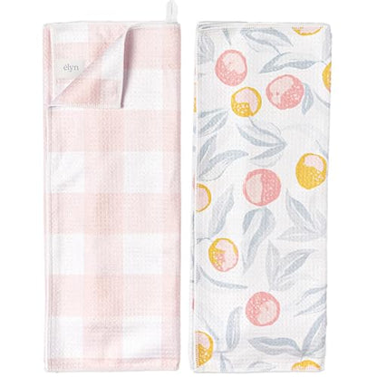 ELYN Microfiber Kitchen Dish Towel Set, Quick-Dry & Absorbent Waffle Weave Cleaning Towels, Set of 2 Kitchen Towels, Paper Towels Alternative (Oranges & Gingham) - color: Oranges & Gingham, style: Dish Towel - 2 Pack