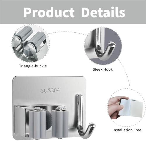 5 Pack Mop and Broom Holder Wall Mount, Silver Stainless Steel Mop and Broom Hanger with Hooks, Mop Broom Organizer for Closet Laundry Garage Garden Tool Organizer (Silver) - color: Silver