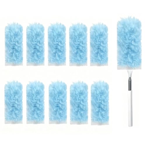 Heavy Duty Duster Refills, Disposable Dusters Kit for Cleaning Dusting Furniture Blind Ceiling Fan, Multi Surface 360 Feather Duster(10)+3FT Extended Handle（1） (Blue) - color: Blue