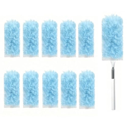 Heavy Duty Duster Refills, Disposable Dusters Kit for Cleaning Dusting Furniture Blind Ceiling Fan, Multi Surface 360 Feather Duster(10)+3FT Extended Handle（1） (Blue) - color: Blue