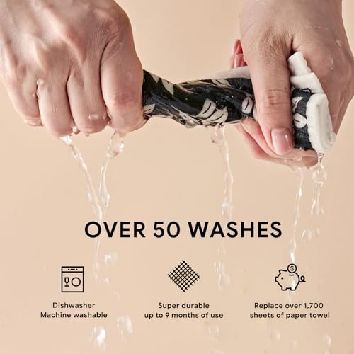 RECYCO Swedish Dishcloths for Kitchen | 5 Pack Mystic Meadows Washable Dish Rags | Cellulose Reusable Cleaning Paper Towels | Absorbent Counter Dish Cloth Sponge Kitchen Wipes, 8" L x 7" W - color: Black & White Mystic Meadows-5 Pack