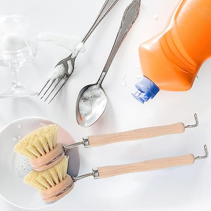 Maxdot 4 Pcs Kitchen Dish Brush with Beechwood Handle Natural Wooden Handle Scrub Brush Fiber Bristles Dish Scrub 2 Inch Replacement Brush Head for Pots Pans Utensils Washing Supplies
