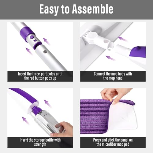 Microfiber Hardwood Floor Spray Mop with 3 Pads & Refillable Bottle | 400+ML refillable bottle, 360° swivel head, wet mopping & dry sweeping for hardwood, tile, laminate and sealed wood floors. - color: Purple
