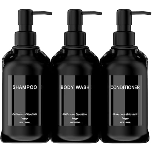 Modern Shampoo and Conditioner Dispenser - Shower Soap Dispenser Wall Mounted - 16 oz Set of 3 Plastic Black Bottles with Black Pumps - Stylish Shampoo Dispenser, Shower Dispenser 3 Chamber No Drill - color: Black