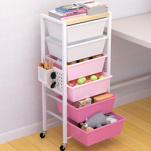 Rolling Cart with Drawers, Rolling Storage Cart with Large Plastic Drawers & Wooden Tabletop, Utility Cart with Pegboards & Basket, Storage Drawers Cart for Living Room, Classroom, Bedroom, Office - color: Pink, size: 6 Drawers