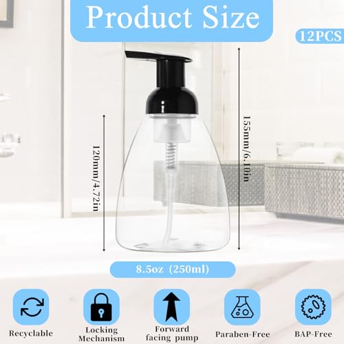 12 Pack Foaming Soap Dispenser, 8oz/250ml Refillable Pump Bottle Dispenser Clear Hand Soap Dispensers Transparent Press Liquid Dish Dishwashing Detergent Containers for Bathroom Kitchen Washstand