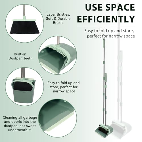 YZO Broom and Dustpan Set, 54.33 Inch Long Handle Standing Design, Dustpan Front Rubber Tight Seal, Broom with 5 Layer Bristles, Suitable for Living Room, Bedroom, Yard, Office and Apartment(Green) - color: Green