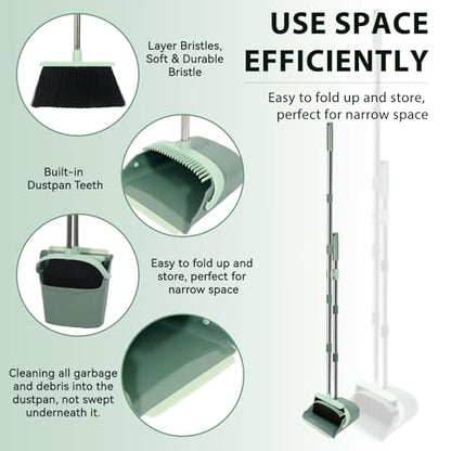 YZO Broom and Dustpan Set, 54.33 Inch Long Handle Standing Design, Dustpan Front Rubber Tight Seal, Broom with 5 Layer Bristles, Suitable for Living Room, Bedroom, Yard, Office and Apartment(Green) - color: Green