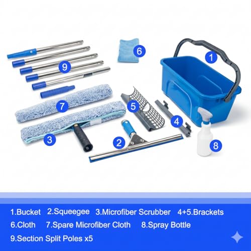 Window Cleaning Kit with 6ft Long Handle, 3 Gallon Bucket,14" Squeegee,15" Microfiber Scrubber,Spray Bottle, Cloth,Professional Window Washing Equipment Cleaner Tool for Outdoor Commercial Household