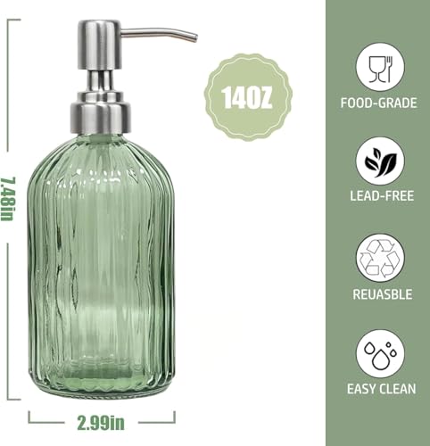 14Oz Green Soap Dispenser Bathroom - 2 Pack, Clear Glass Hand Soap Dispensers with Stainless Steel Pump, Refillable Dish Soap Dispenser for Kitchen, Countertop Soap Dispensers - color: Green (2-pack)