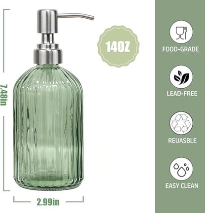 14Oz Green Soap Dispenser Bathroom - 2 Pack, Clear Glass Hand Soap Dispensers with Stainless Steel Pump, Refillable Dish Soap Dispenser for Kitchen, Countertop Soap Dispensers - color: Green (2-pack)