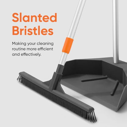 Superio Silicone Broom - Carpet Rake with 35" Long Handle Dustpan Set - Rubber Broom for Pet Hair on Carpet & Hardwood Floors, Stand-Up Dustpan with Aluminum Handle - Gray - style: Dustpan with Broom (2)