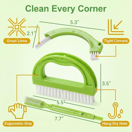 Crevice Cleaning Brush Set, Green 3-Piece Floor Gap and Detail Scrubber Kit with Hand Grip Cleaner and Narrow Angled Head, for Tile Lines, Sink Edges, Baseboards Maintenance