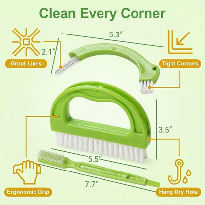 Crevice Cleaning Brush Set, Green 3-Piece Floor Gap and Detail Scrubber Kit with Hand Grip Cleaner and Narrow Angled Head, for Tile Lines, Sink Edges, Baseboards Maintenance