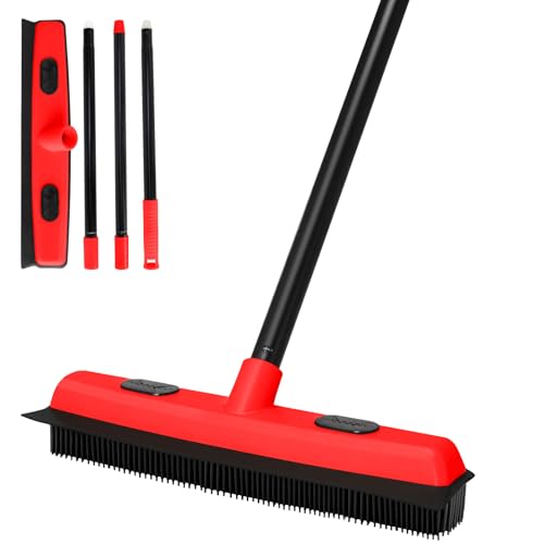 Rubber Broom for Pet Hair Removal with Squeegee, 49Inch Long Iron Handle Design, Portable Lint Remover Brush, Suitable for Carpets, Hardwood Floors and Tile Cleaning.